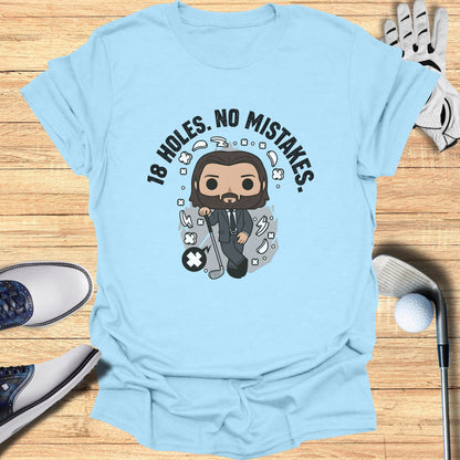 Light blue t-shirt with cartoon man and text "18 HOLES. NO MISTAKES."