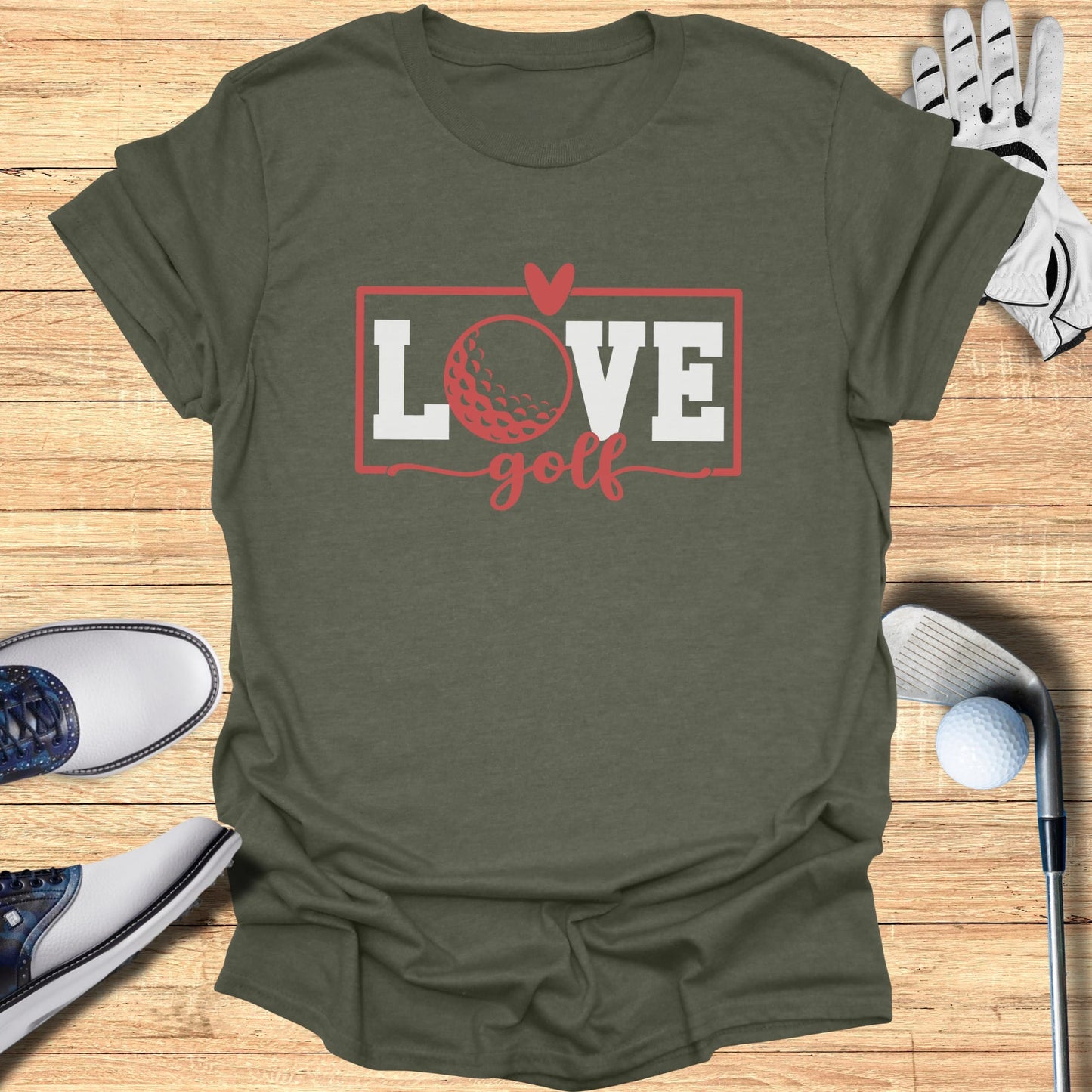 Green t-shirt with "Love Golf" text and a golf ball.