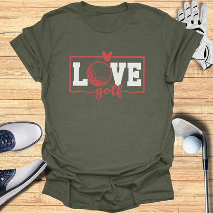 Green t-shirt with "Love Golf" text and a golf ball.