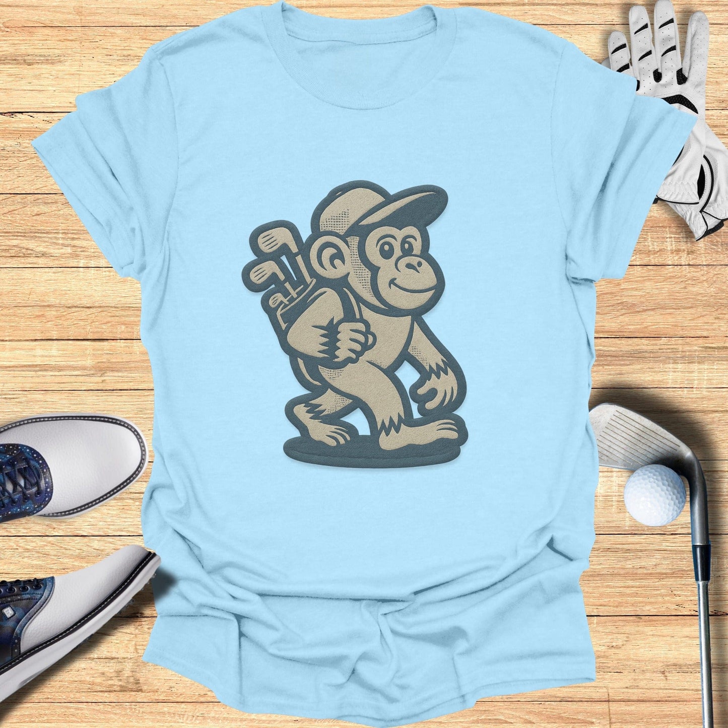 Fun Monkey Golfer Graphic Light Blue T-Shirt