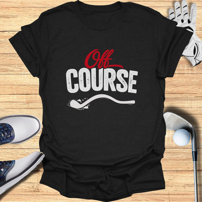 Black t-shirt with "Off COURSE" graphic in white and red.