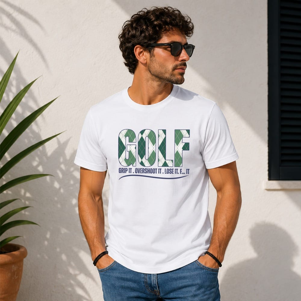 Man wearing white t-shirt with "GOLF" and small text below.