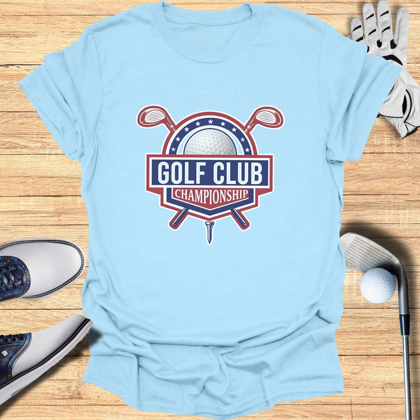 Light blue t-shirt with "Golf Club Championship" logo featuring crossed clubs.