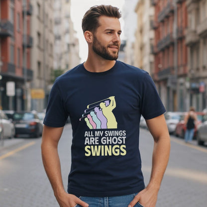 Man wearing navy t-shirt with graphic and text "All my swings are ghost swings".