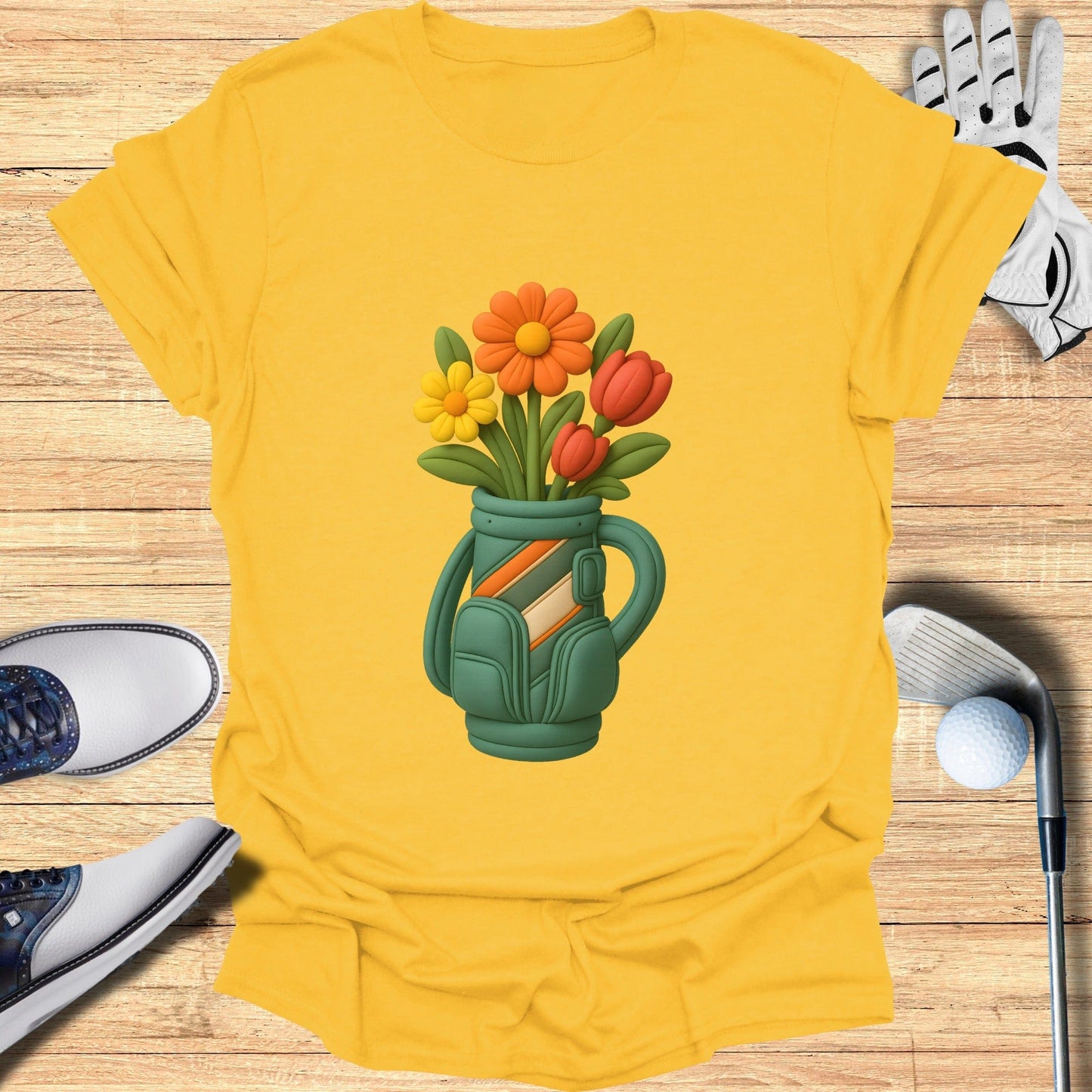 Golf Bag with Floral Print Design on Yellow T-Shirt