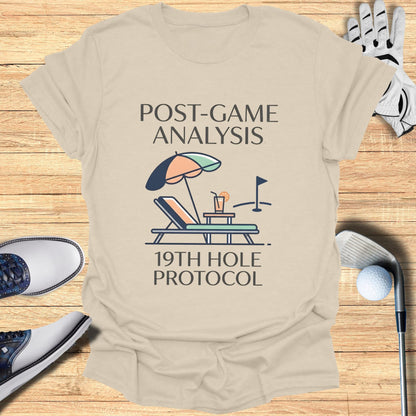 T-shirt with "POST-GAME ANALYSIS 19TH HOLE PROTOCOL" and golf imagery.