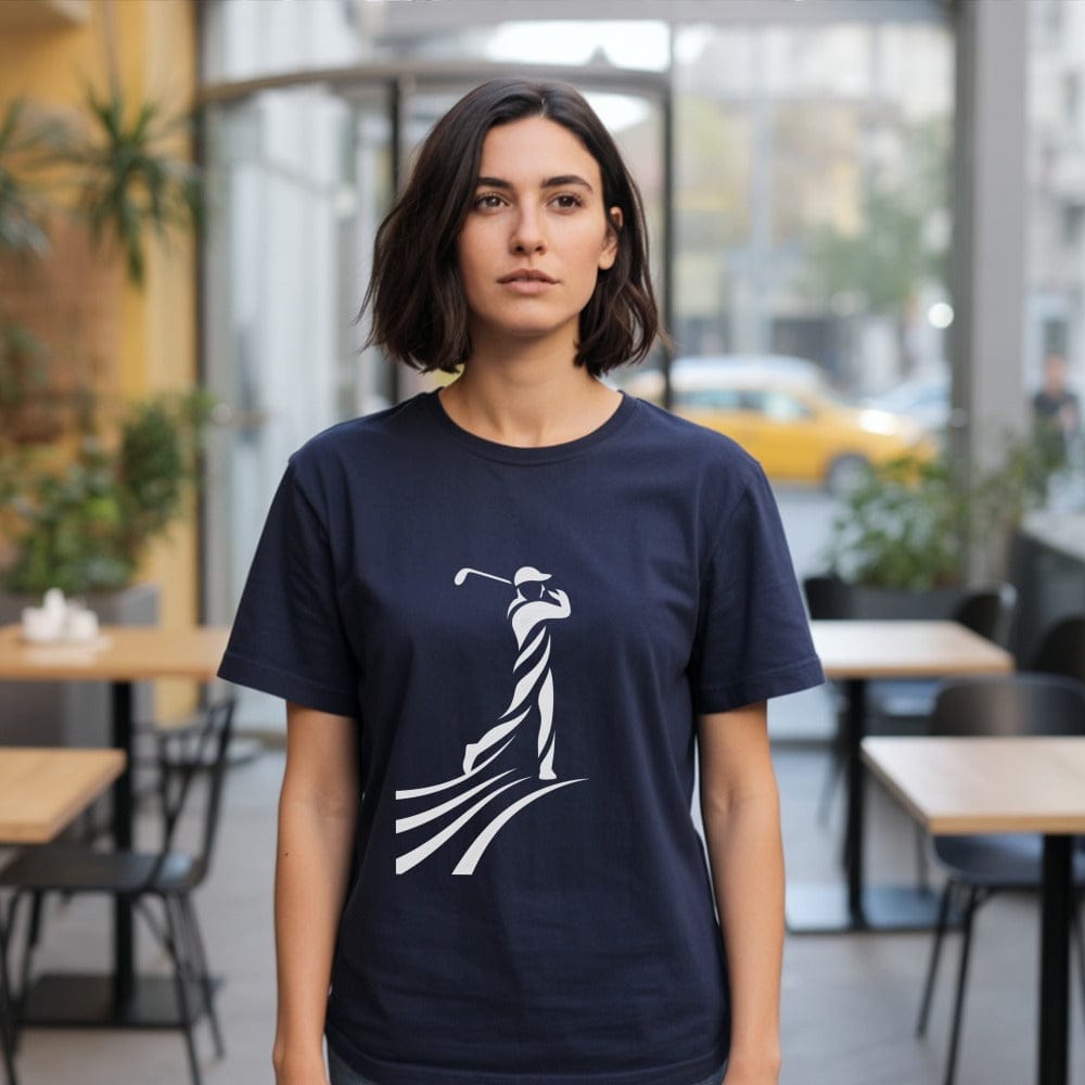 Stylish navy tee with abstract golfer design