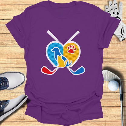 Heart Shaped Hockey and Dog Paw Print T-Shirt