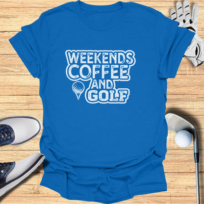 Blue t-shirt with "Weekends Coffee and Golf" graphic and golf accessories.