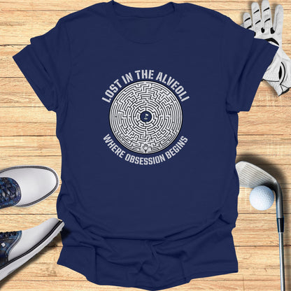 Navy t-shirt with circular maze graphic and text "Lost in the Alveoli Where Obsession Begins".