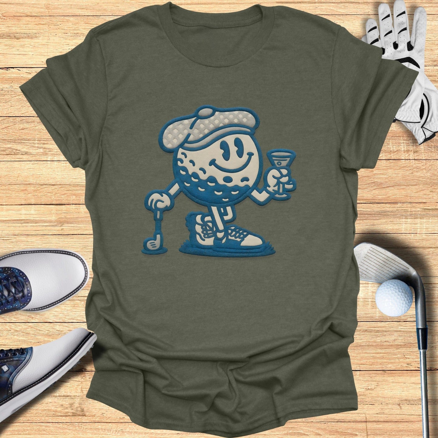 Fun Cartoon Golf Ball with Drink Character Shirt
