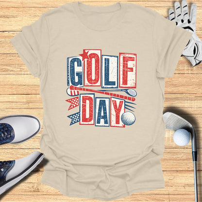 T-shirt with "GOLF DAY" text, golf clubs, ball, and glove.