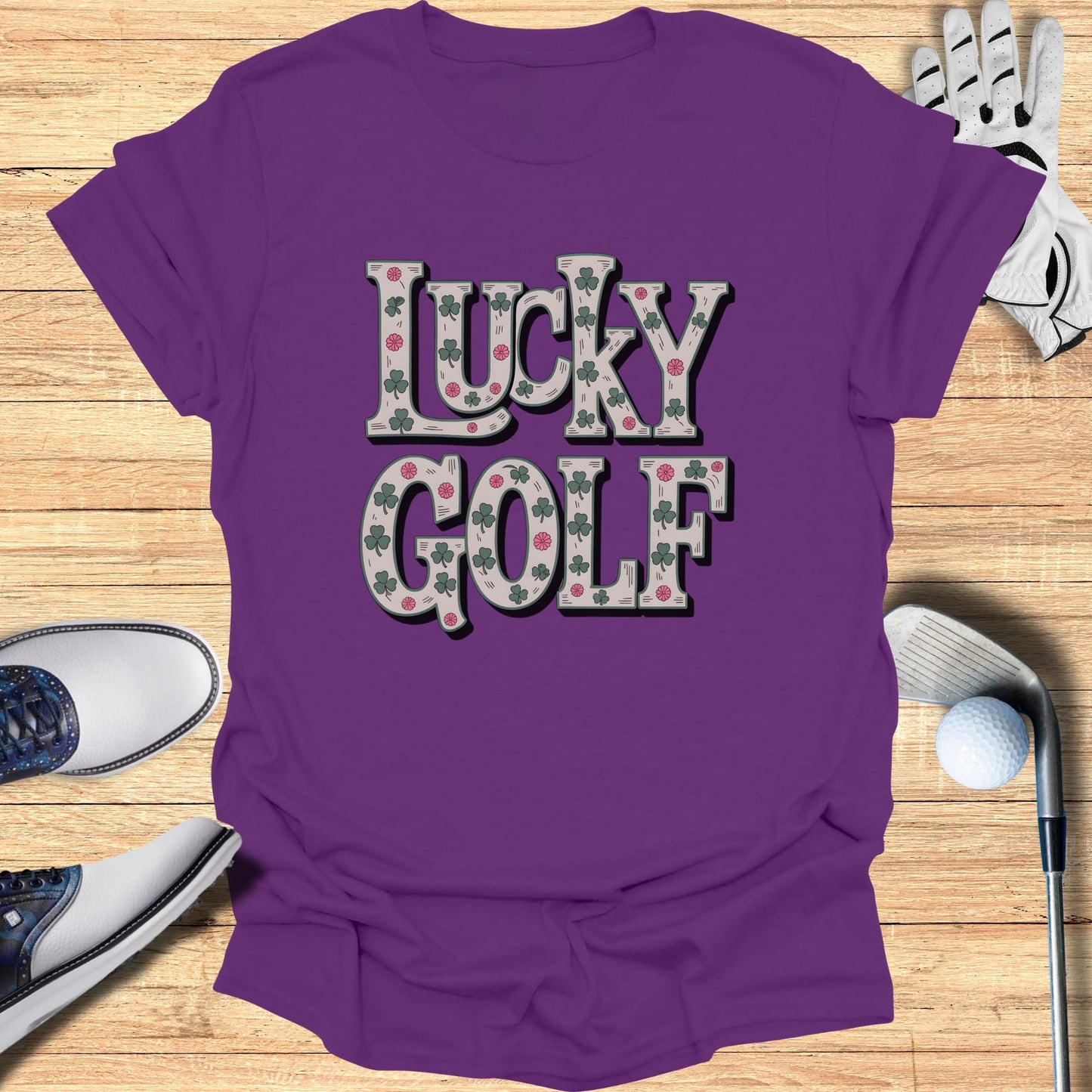 Purple t-shirt with "Lucky Golf" in block letters and shamrock accents.