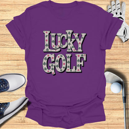 Purple t-shirt with "Lucky Golf" in block letters and shamrock accents.