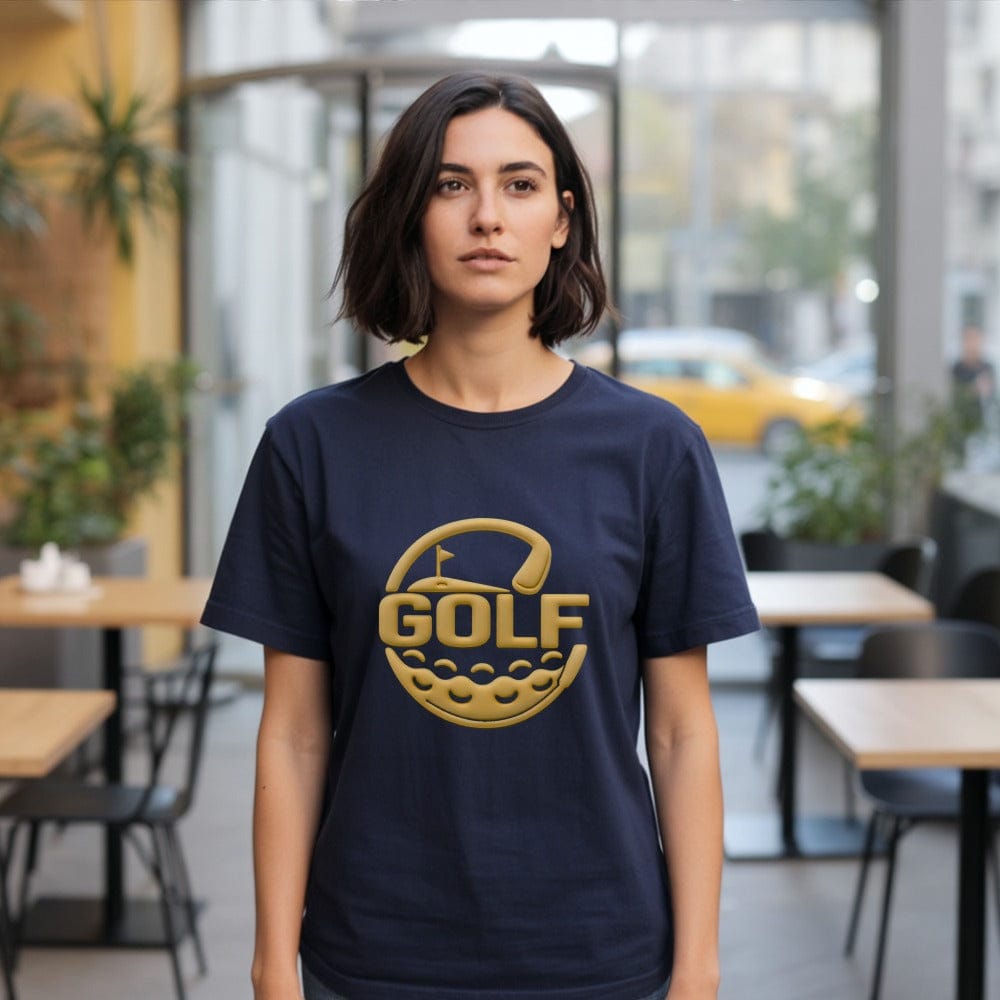 Stylish Navy Golf Tee with Bold Gold Print Design