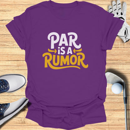 Purple t-shirt with "PAR IS A RUMOR" text, golf clubs, shoes, and ball.
