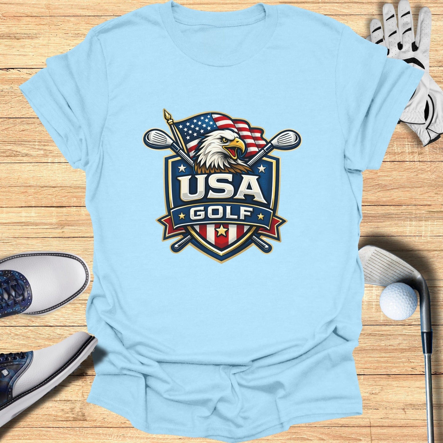 Patriotic USA Golf T-Shirt with Eagle and Flags Design