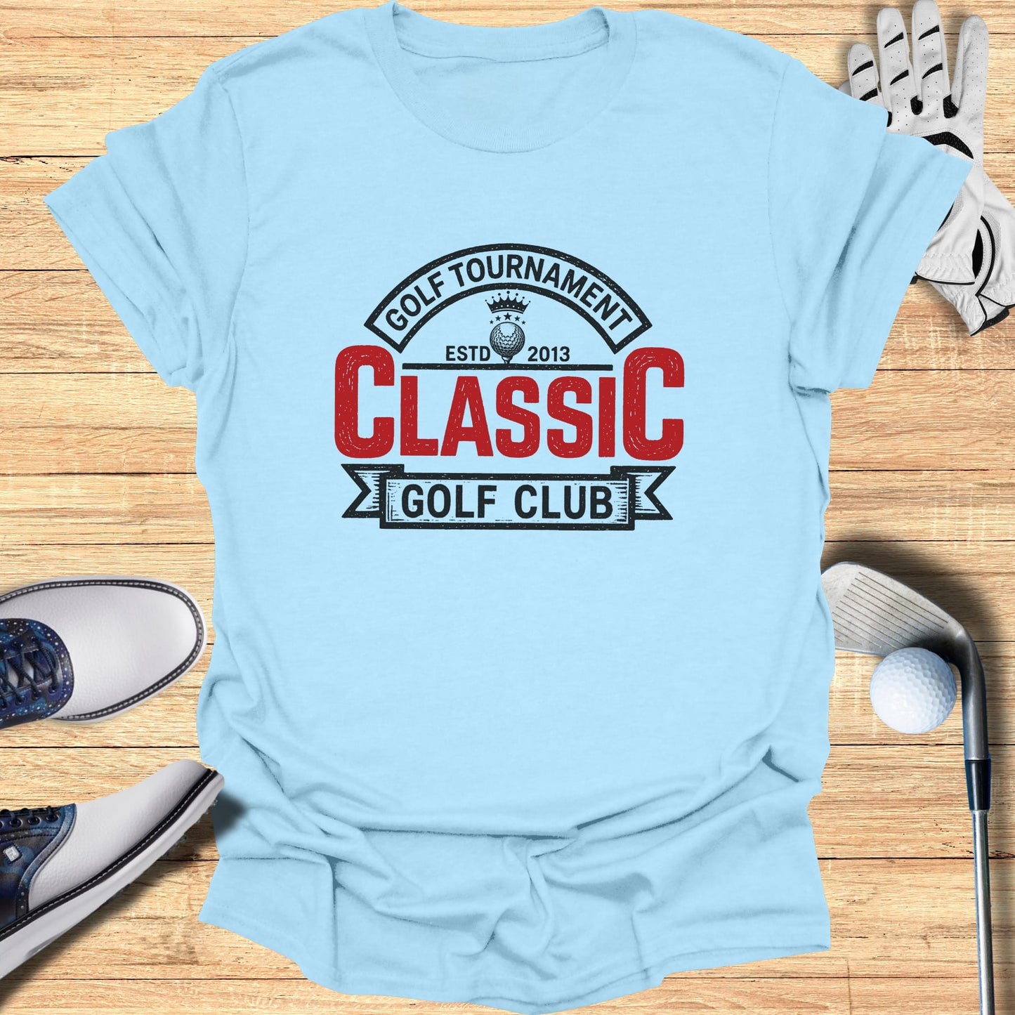 Light blue t-shirt with "Classic Golf Club" and "Golf Tournament" text.