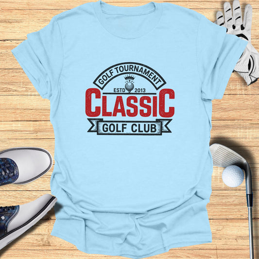 Light blue t-shirt with "Classic Golf Club" and "Golf Tournament" text.