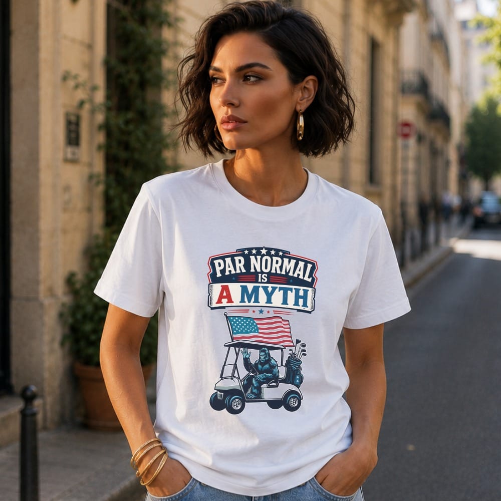 White t-shirt with "Par Normal is a Myth" graphic featuring a gorilla golfing.