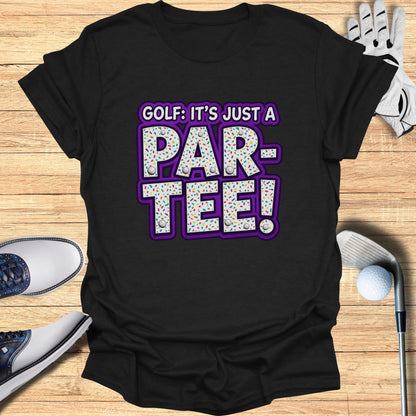 Black t-shirt with "GOLF: IT'S JUST A PAR-TEE!" in colorful sprinkles.