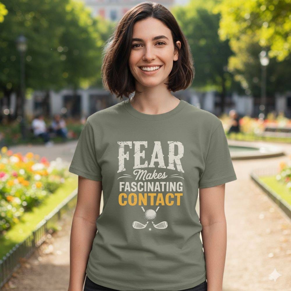 Olive green t-shirt with "FEAR makes FASCINATING CONTACT" and golf clubs graphic.