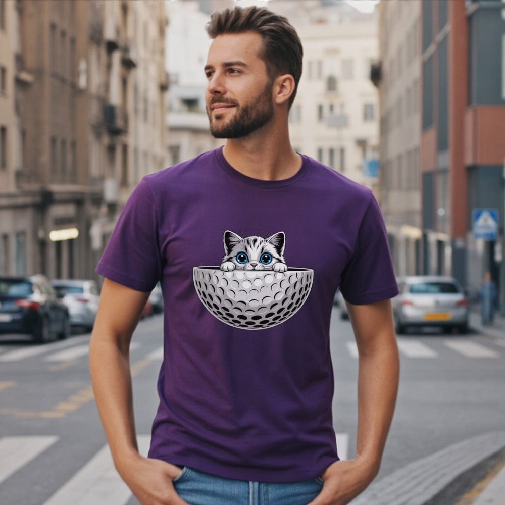 Cat in Golf Ball Design on Purple Short Sleeve Shirt