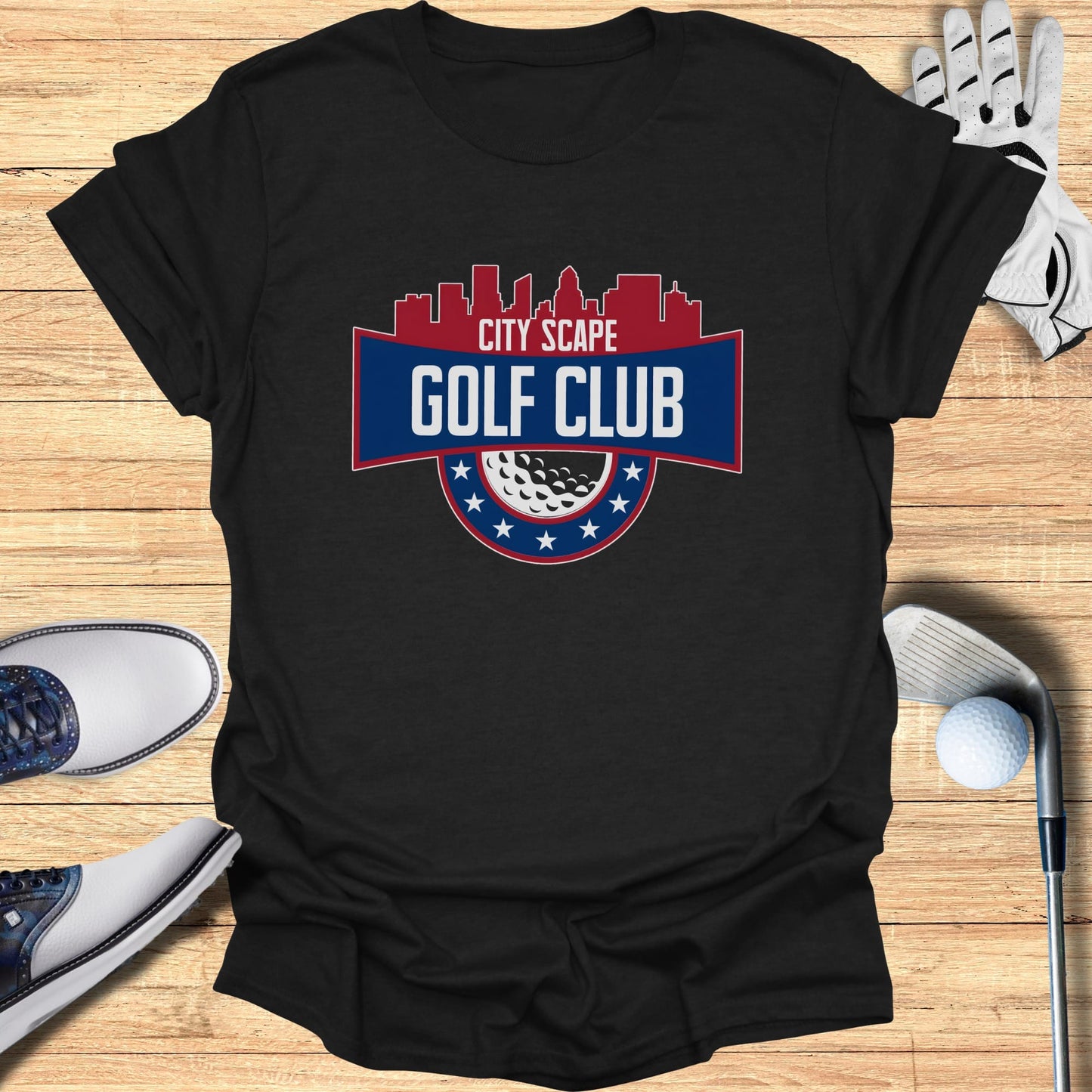 Black t-shirt with "City Scape Golf Club" logo and golf accessories.