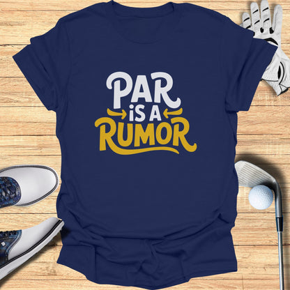 Navy t-shirt with white and yellow "Par is a Rumor" text.