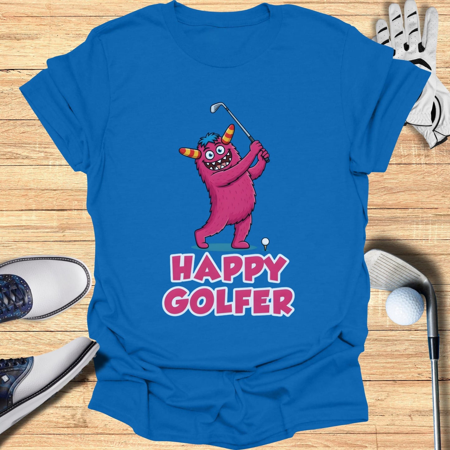 Pink cartoon monster swinging a golf club with text "Happy Golfer".