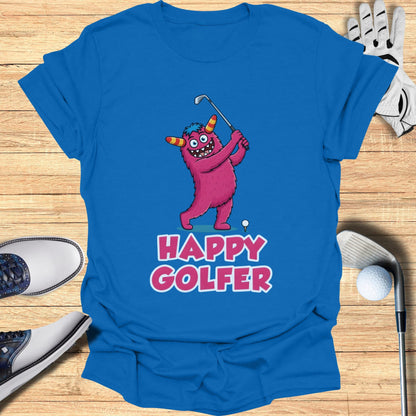 Pink cartoon monster swinging a golf club with text "Happy Golfer".