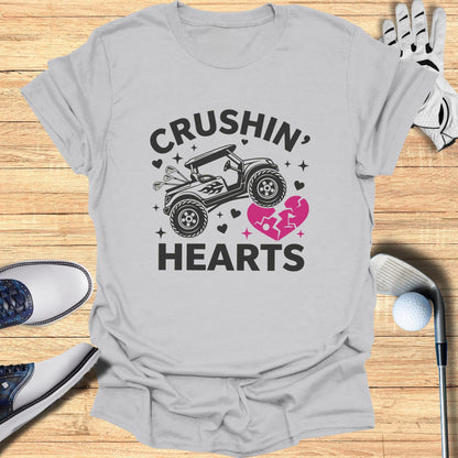 Gray t-shirt with "Crushin' Hearts" text and a monster truck over a broken heart.