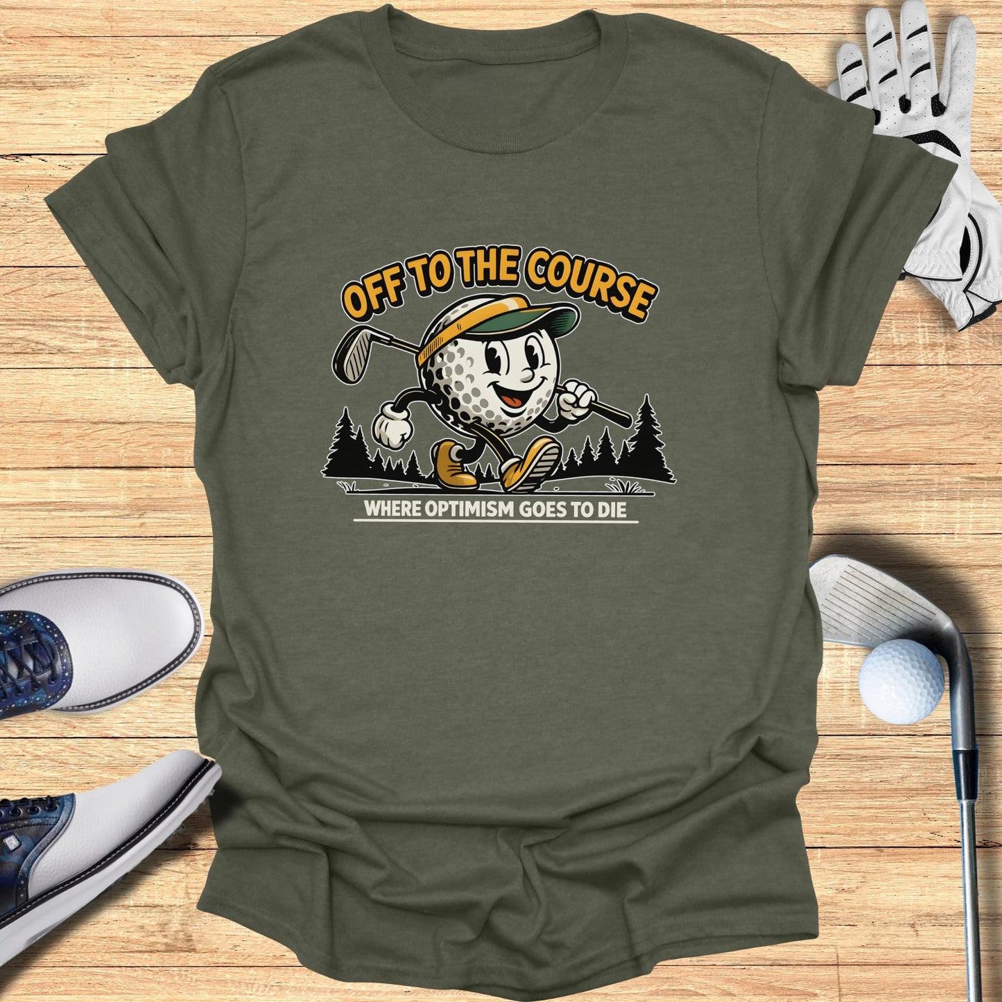 Golfing cartoon character with text "Off to the Course Where Optimism Goes to Die".