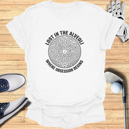 White t-shirt with "Lost in the Alveoli Where Obsession Begins" maze design.