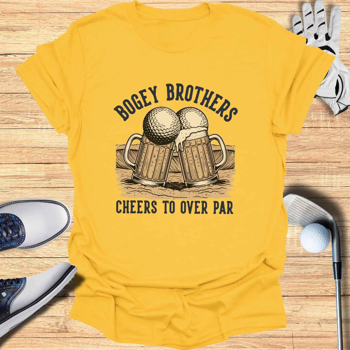 Yellow t-shirt with "Bogey Brothers Cheers to Over Par" text and beer mugs.