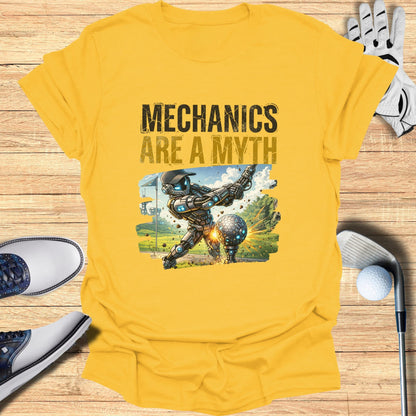 T-shirt with "Mechanics Are A Myth" text and robot playing golf.
