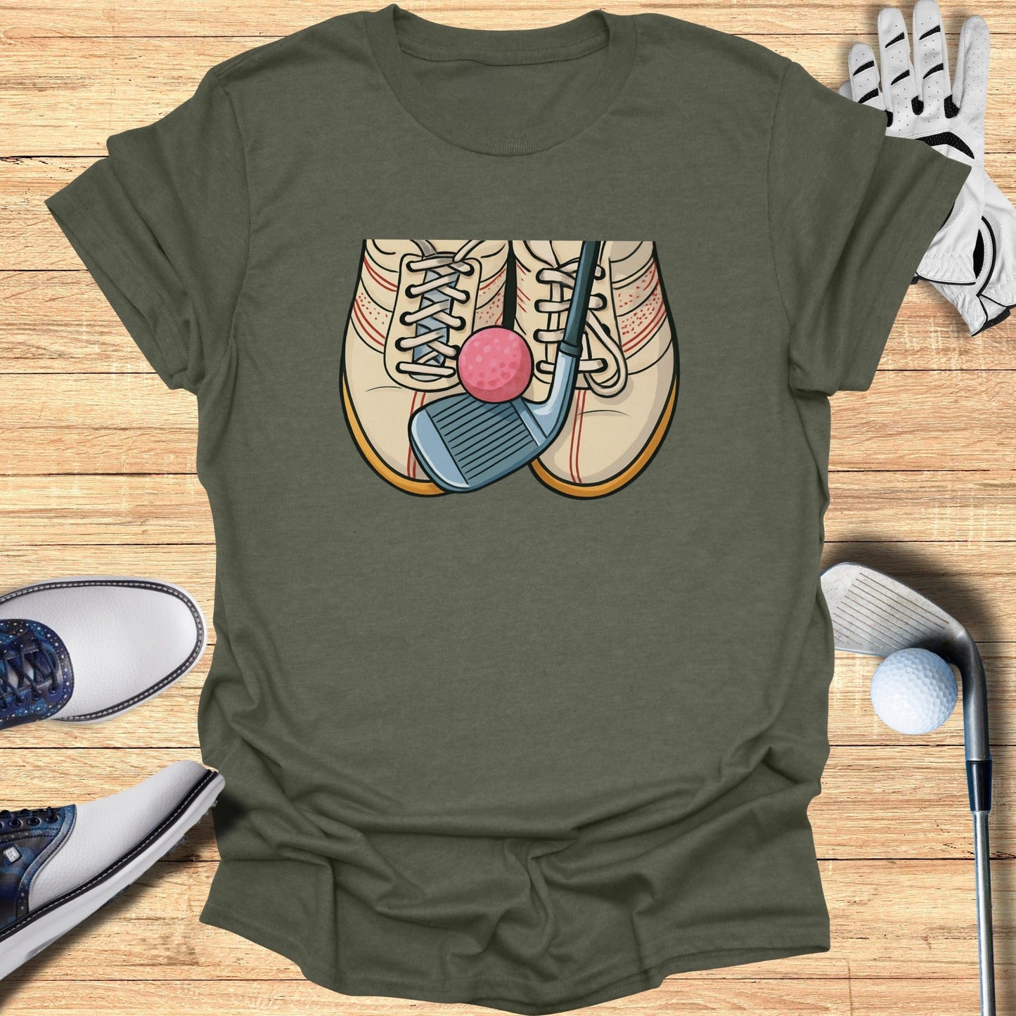 Vintage Golf T-shirt with Retro Shoes and Club Design