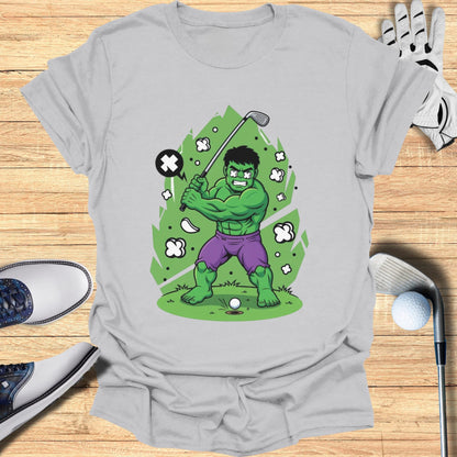 Cartoon Hulk swinging a golf club at a golf ball.