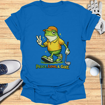T-shirt with cartoon frog golfer giving peace sign, with text "Peace, Love, & Golf."
