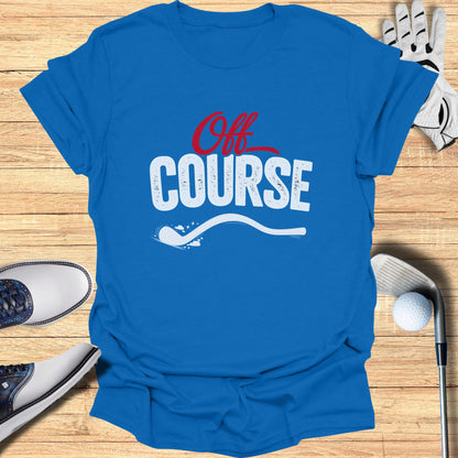 Blue t-shirt with "Off Course" text and a golf club design.