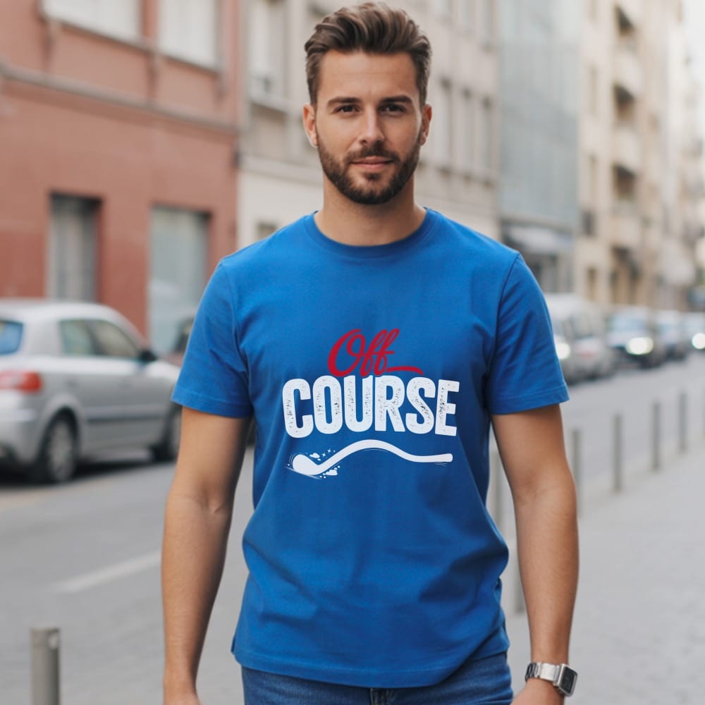 Blue t-shirt with "Off Course" text and spoon graphic.