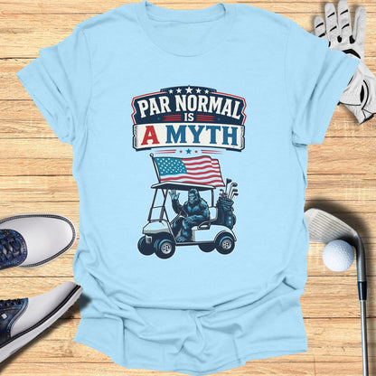 Light blue t-shirt with "Par Normal is a Myth" text, Bigfoot in golf cart.