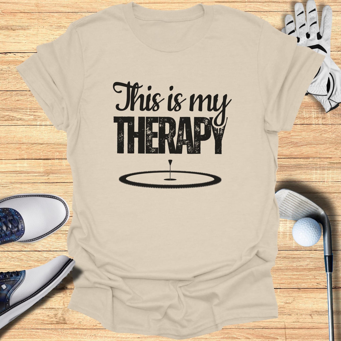 T-shirt with "This is my THERAPY" text and golf imagery.