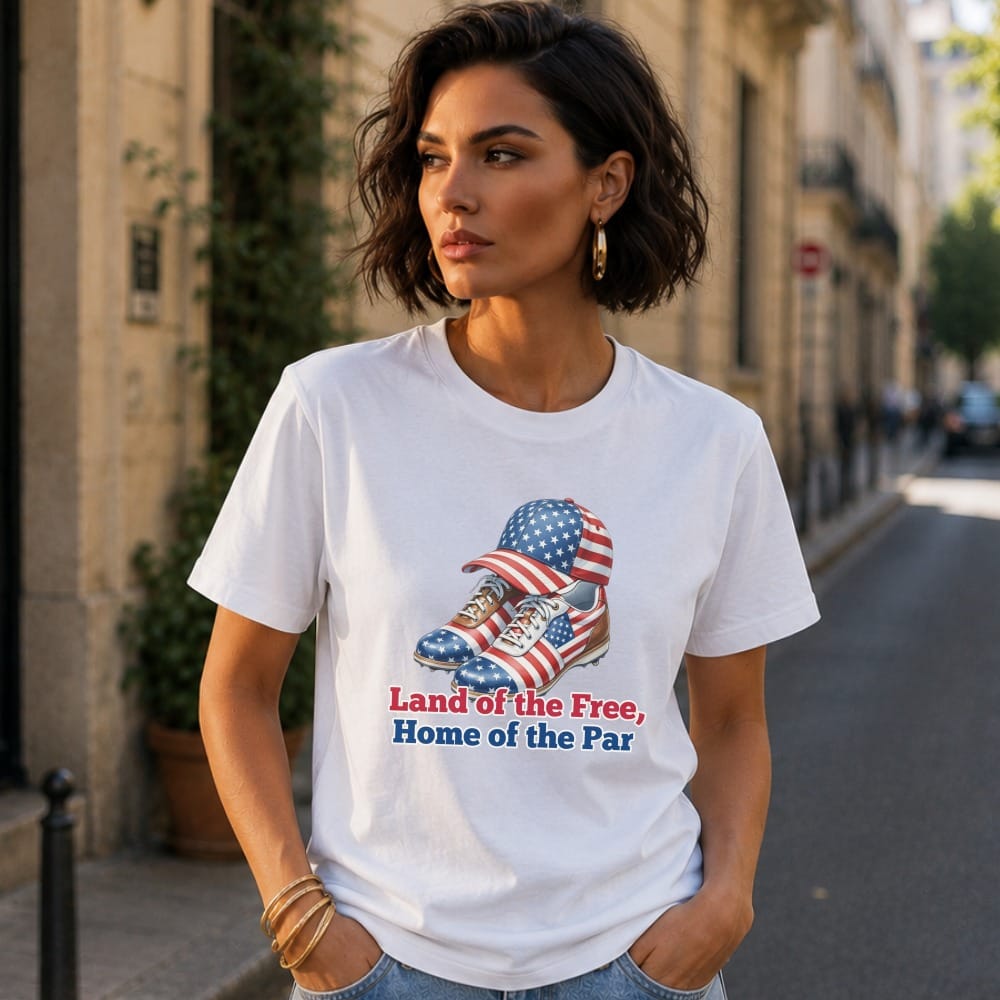 White t-shirt with American flag sneakers and "Land of the Free, Home of the Par" text.