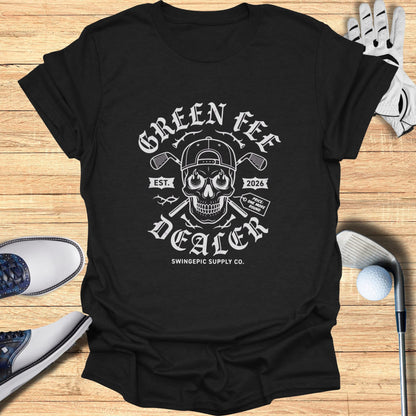 Black t-shirt with skull, golf clubs, and "Green Fee Dealer" text.