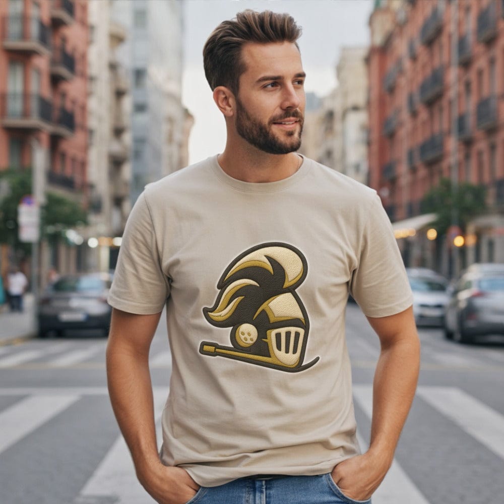 Urban Style Beige T-shirt with Knight Helmet Graphic