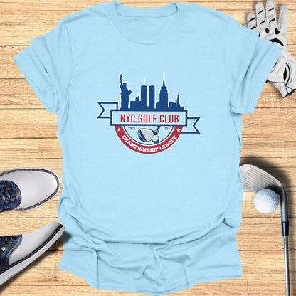 Light blue t-shirt with "NYC Golf Club Championship League" logo and golf items.