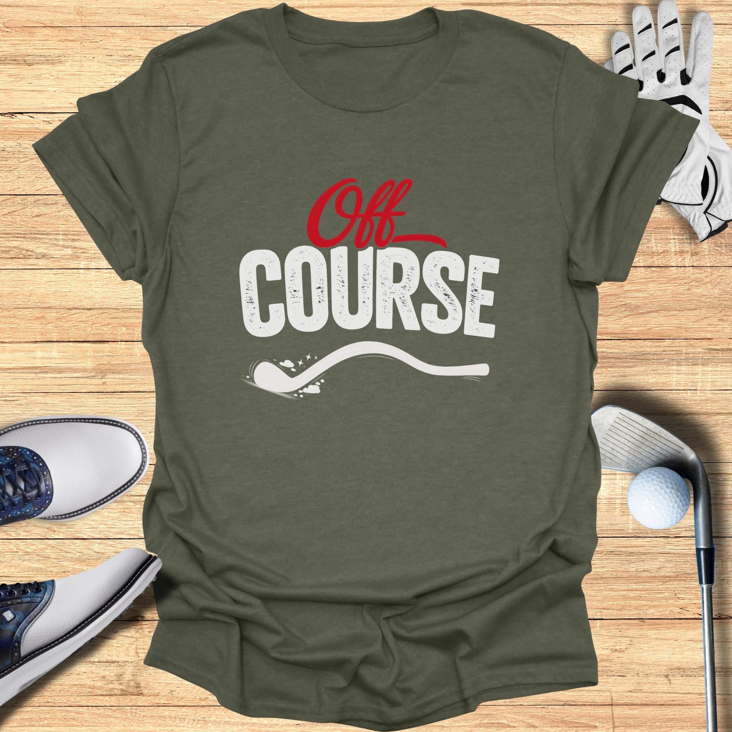 T-shirt with "Off Course" text and golf club graphic.