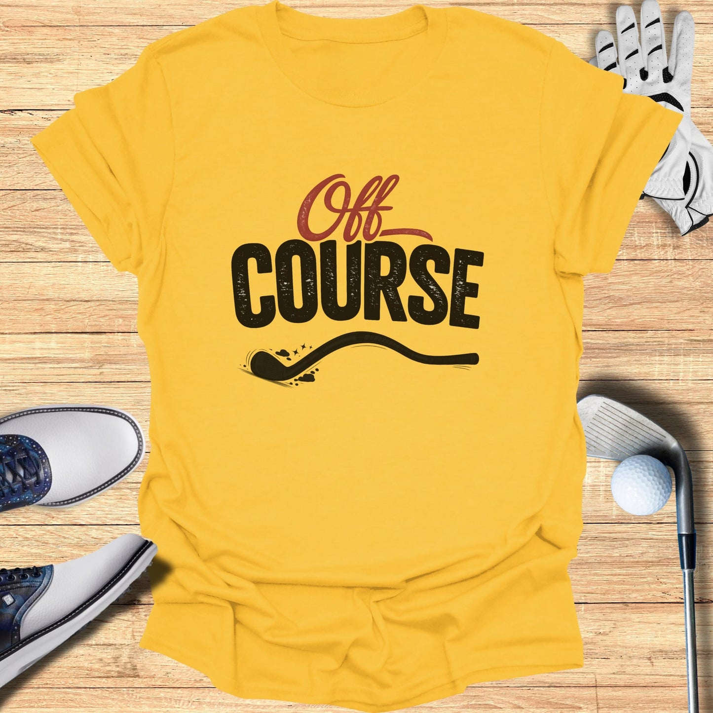 Yellow t-shirt with "Off Course" text and golf accessories.