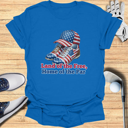 Blue t-shirt with American flag golf cap and shoes, text "Land of the Free, Home of the Par".
